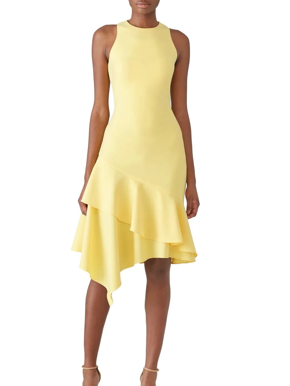 Theia Lemon Asymetrical Ruffle Dress